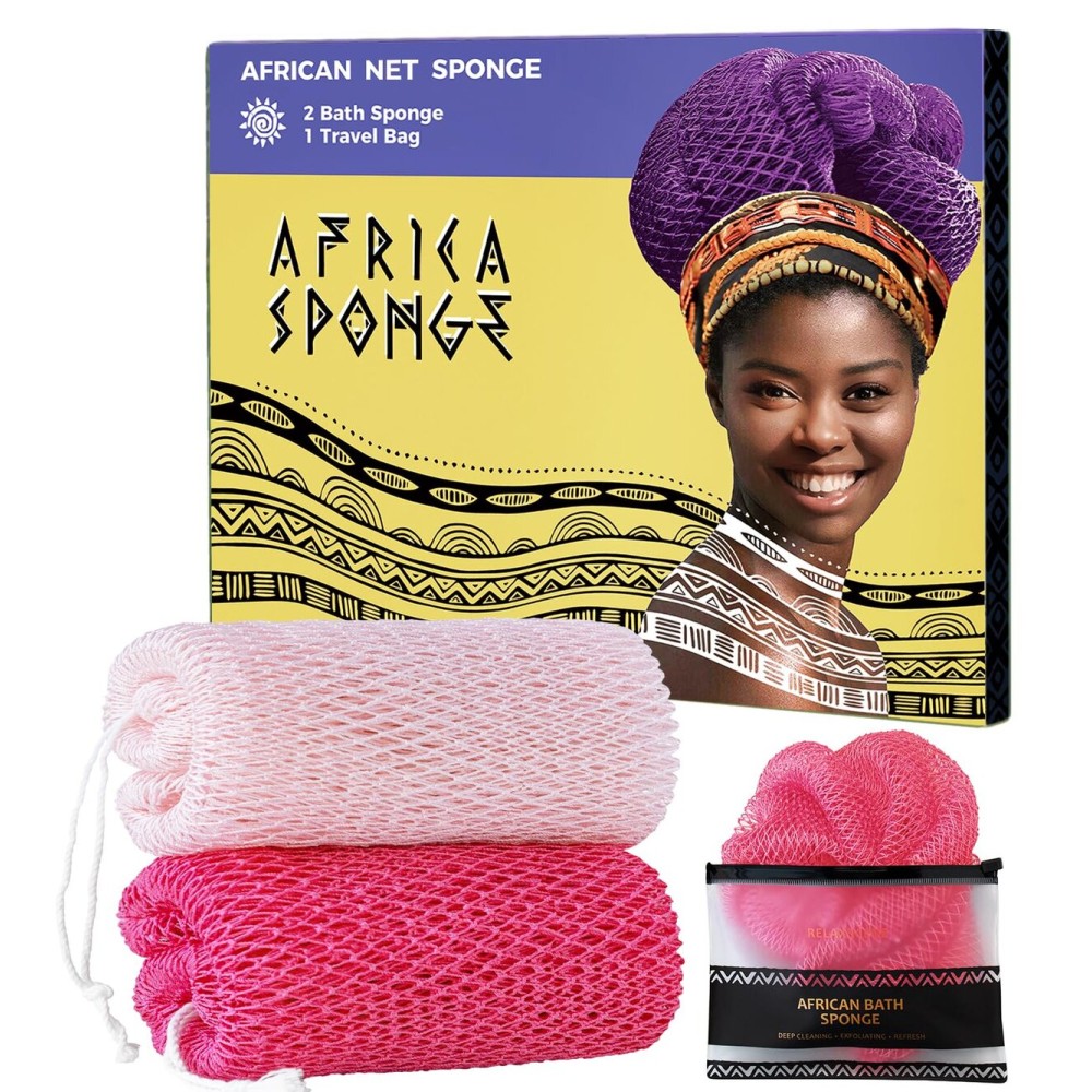 African Net Authentic - 2 Pieces Real African Exfoliating Sponge with Knots - African Net Wash Cloths for Body Scrubber Exfoliator Pink & BabyPink- Back Scrub for Shower Bath Accessories