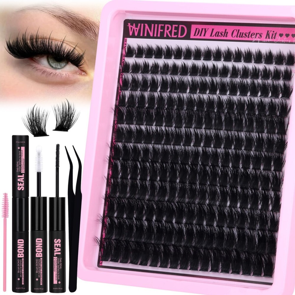 Winifred Fairy Lash Clusters Kit Eyelash Extension Kit Fluffy Lash Clusters 10-18mm D Curly Cluster Eyelash Extensions Volume Wispy Lash Extension Kit Spiky Individual Lashes Kit Lash Bond and Seal