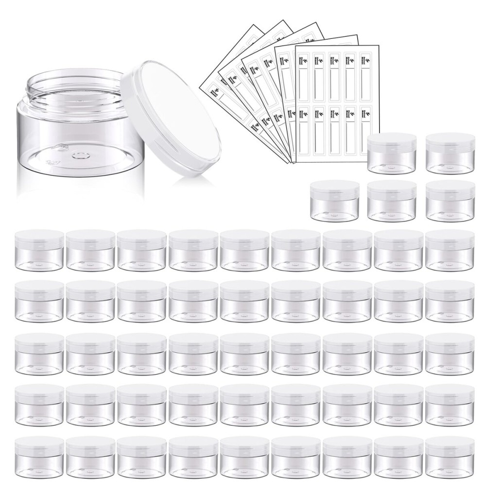 50 Pack 1 OZ Plastic Jars Round Clear Cosmetic Container with Clear Lids, Eternal Moment Slime Jars for Lotion, Cream, Ointments, Makeup, Eye shadow, Rhinestone, Samples, Pot, Travel Storage