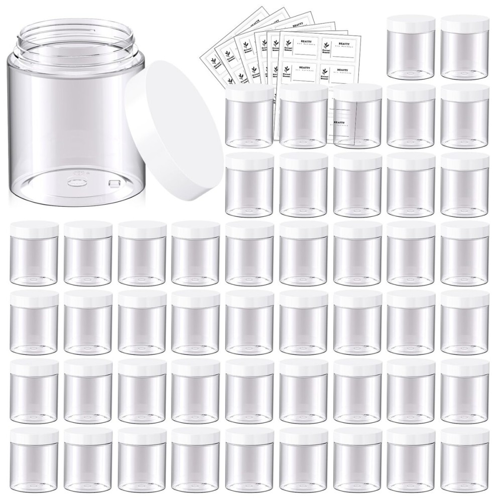 48 Pack 8 OZ Plastic Jars Round Clear Cosmetic Container Jars with White Lids, Eternal Moment Plastic Slime Jars for Lotion, Cream, Ointments, Makeup, Eyeshadow, Rhinestone, Samples, Travel Storage