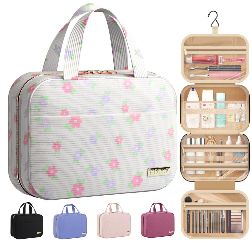 HOTOR Travel Toiletry Bag - Hanging Toiletry Bag for Women & Men, Makeup Bag/Big Comparment, Waterproof for Travel Accessories, Travel Essentials, Medium, Beige with Colorful Floral