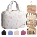 HOTOR Travel Toiletry Bag - Hanging Toiletry Bag for Women & Men, Makeup Bag/Big Comparment, Waterproof for Travel Accessories, Travel Essentials, Medium, Beige with Colorful Floral