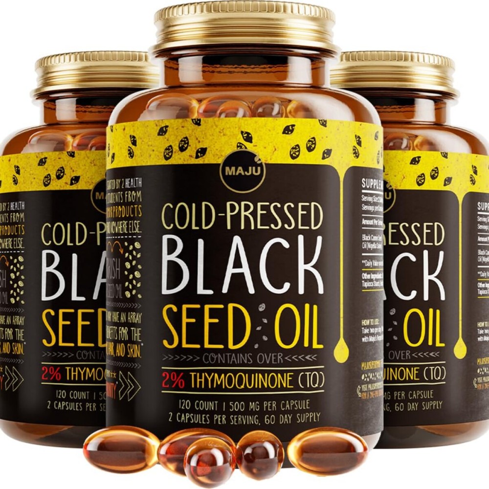 Maju Superfoods Black Seed Oil Capsules, Strong Cold Pressed, 2% Thymoquinone, 100% Turkish Black Cumin Nigella Sativa Seed Oil, Organic BSO, Liquid Blackseed, 120 Count, 500mg per Capsule (3-Pack)