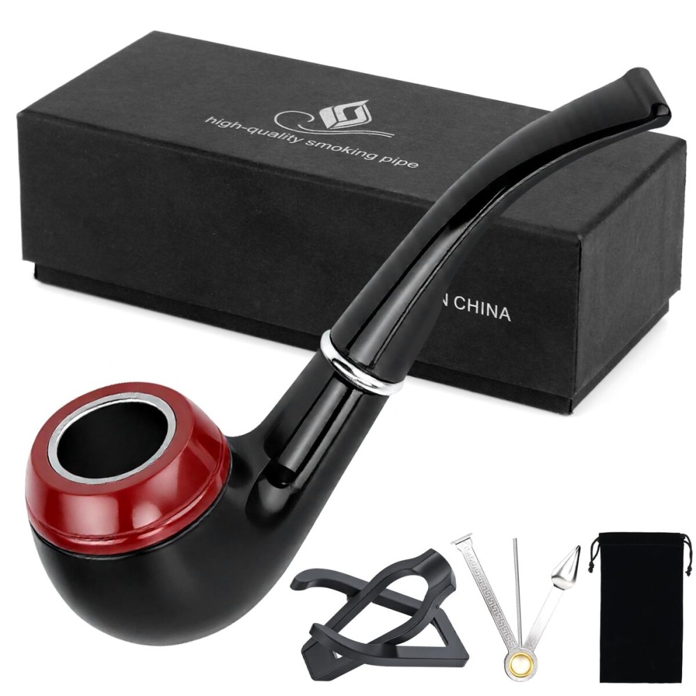 Hysagtek Tobacco Pipe Set - Short Handle Curved Smoking Pipe with Foldable Pipe Stand Holder, Perfect Beginner Pipes Kit with Gift Box Travel Tobacco Pouch and Accessories