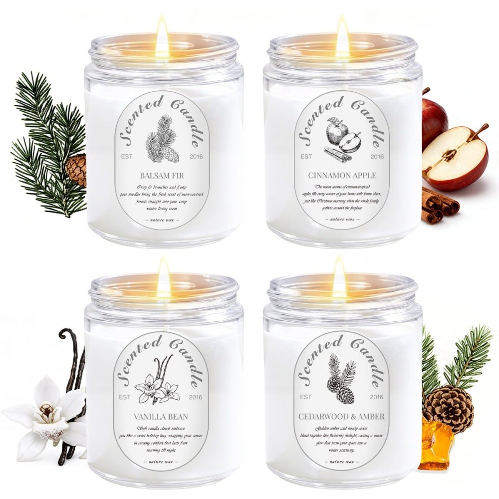 Winter Candle Gift Set, 4 Pack 28oz Soy Wax Scented Candles for Home - Cinnamon Apple, Balsam Fir, Vanilla Bean, Cedarwood & Amber - Cozy Aromatherapy Candles for Christmas, Holiday & Home Decor Gifts