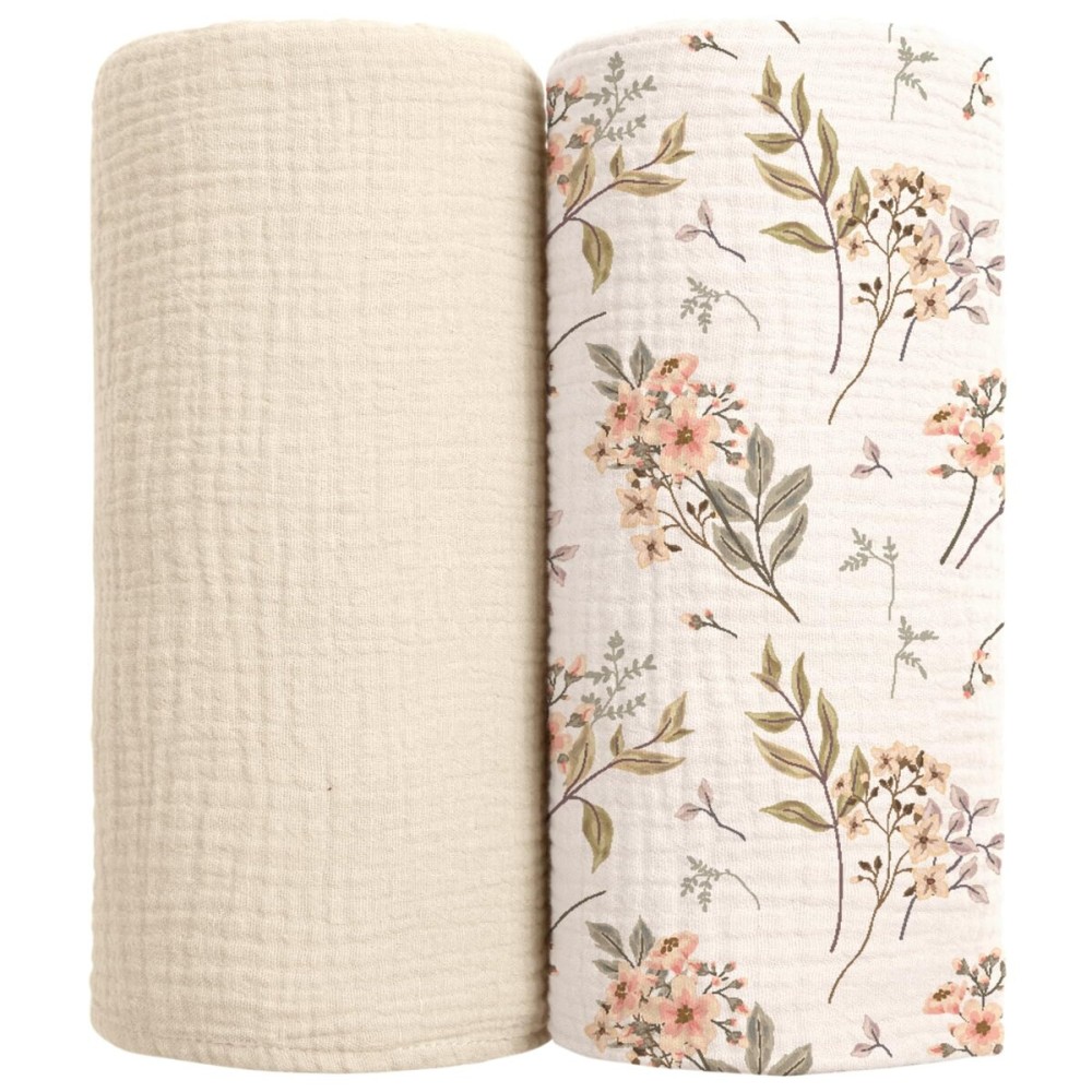 lulumoon Muslin Swaddle Blankets for Baby: Soft Cotton Newborn Receiving Blankets - Floral Print Nursery Gift Set for Baby Girls(White Flower)