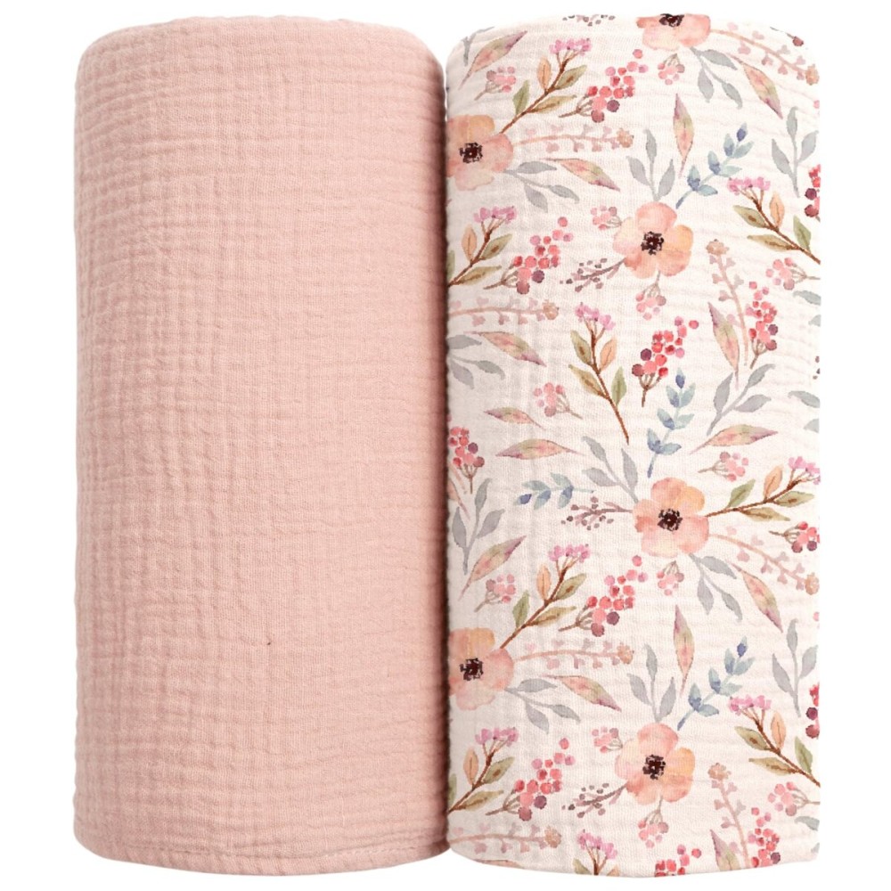 lulumoon Muslin Swaddle Blankets for Baby: Soft Cotton Newborn Receiving Blankets - Floral Print Nursery Gift Set for Baby Girls(Pink Flower)