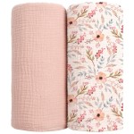lulumoon Muslin Swaddle Blankets for Baby: Soft Cotton Newborn Receiving Blankets - Floral Print Nursery Gift Set for Baby Girls(Pink Flower)