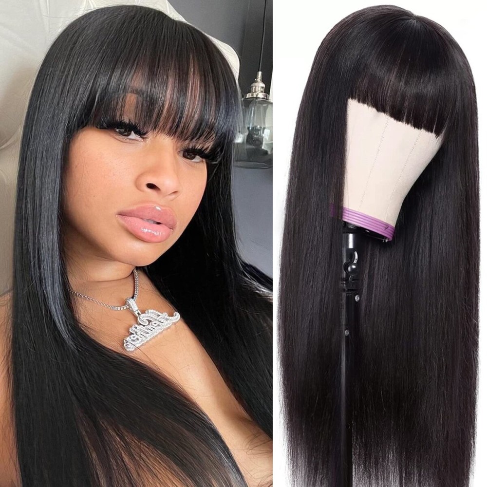 Lativ Human Hair Wigs with Bangs Straight Bang Wigs for Black Women Human Hair 150% Density Brazilian Glueless None Lace Front Wig Human Hair Natural Color(16 Inch, Straight)