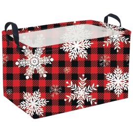 Sanjiaofen Rectangular Christmas Baskets,Snowflakes Basket Empty,Waterproof PE Coating Cute Bins for Kids with Handles,Gifts Baskets,Books Bin. (Red Snowflakes)