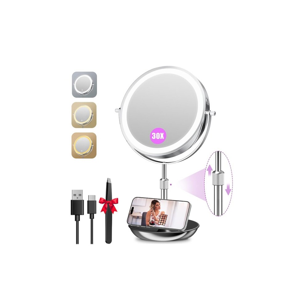 Auxmir 9 Large Lighted Makeup Mirror with Magnification, 1X/30X Double Sided Magnifying Mirror with Adjustable Height, Rechargeable Vanity Mirror with 3 Color Dimmable Lights, 360 Rotation