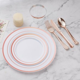 BESTVIP 450PCS Plastic Dinnerware Set (75 Guests), Rose Gold Disposable Plates for Party, Wedding, Christmas, Anniversary, Includes: Dinner Plates, Dessert Plates, Cups, Spoons, Forks and Knives