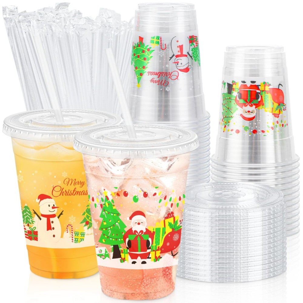 Lamosi 50 Pack 16 oz Christmas Clear Plastic Cups with Lids and Straws, Disposable Snowman Santa Plastic Coffee Cups with Lids for Family Gatherings, Wedding, Parties