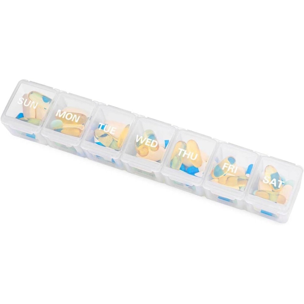 Sukuos Medium Large Weekly Pill Organizer - 7 Day Daily Pill Box, Easy-to-Open Medicine Container with Silkscreen & Clear Lid for Vitamins, Fish Oils or Supplements White