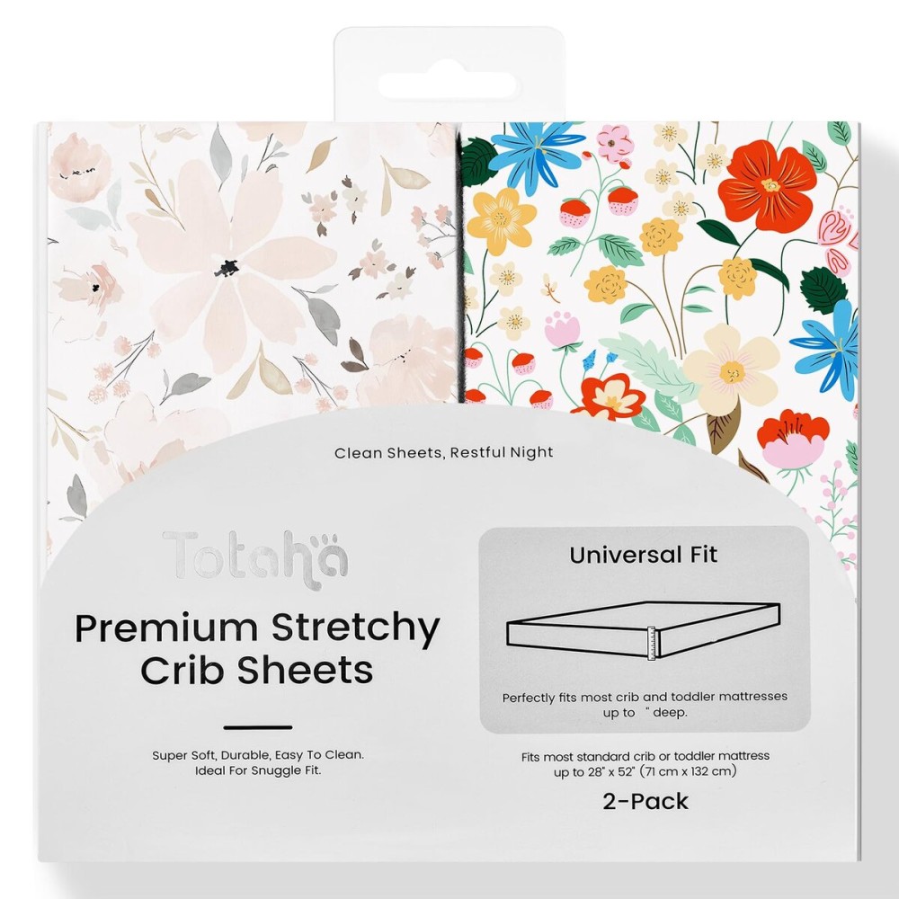 TotAha Floral Crib Sheets 2-Pack, Hypoallergenic, Silky Comfort, Buttery Soft, Calming Effect, All-Season Jersey-Knit Pink Flower Baby Sheets, Premium Stretchy 9\'\' Extra Deep Pocket