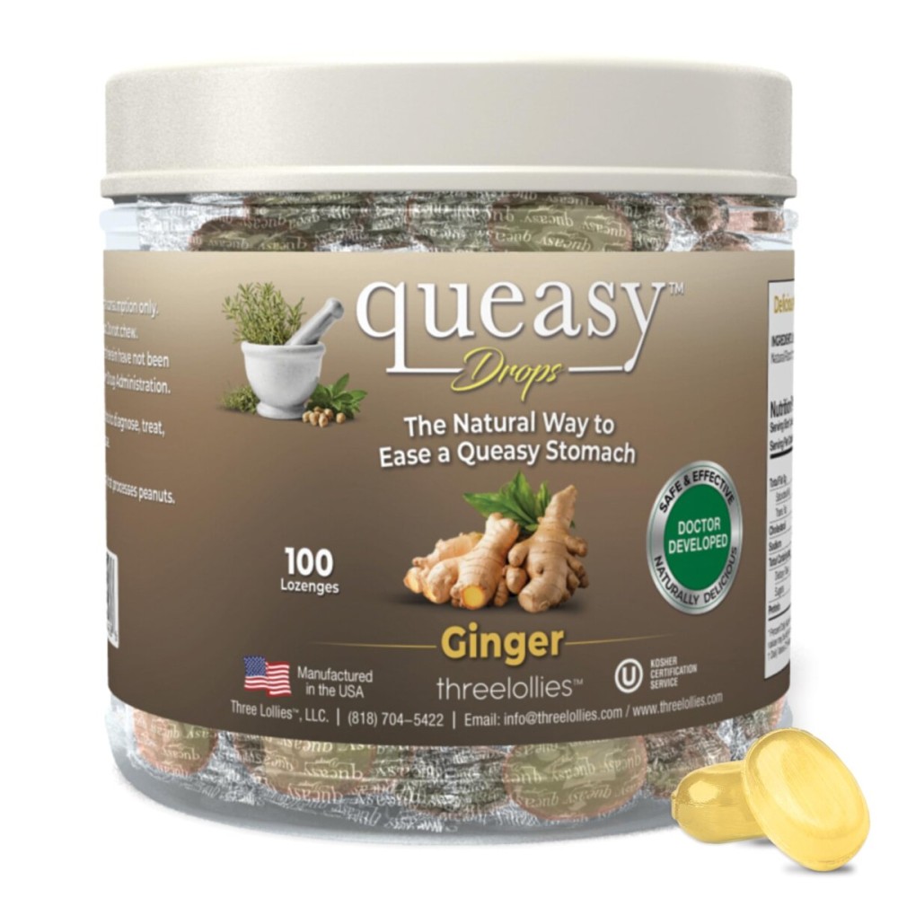 Three Lollies Queasy Drops - Natural Ginger Flavor - Relief from Chemotherapy Nausea & Travel Sickness - Alleviates a Dry Mouth - Non-Drowsy - Natural Ingredients - 100 ct