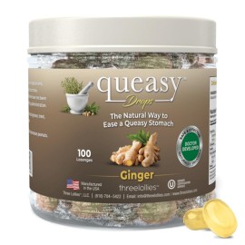Three Lollies Queasy Drops - Natural Ginger Flavor - Relief from Chemotherapy Nausea & Travel Sickness - Alleviates a Dry Mouth - Non-Drowsy - Natural Ingredients - 100 ct