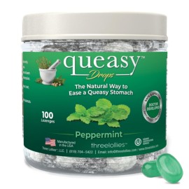 Three Lollies Queasy Drops - Natural Peppermint Flavor - Relief from Chemotherapy Nausea & Travel Sickness - Alleviates a Dry Mouth - Non-Drowsy - Natural Ingredients - 100 ct