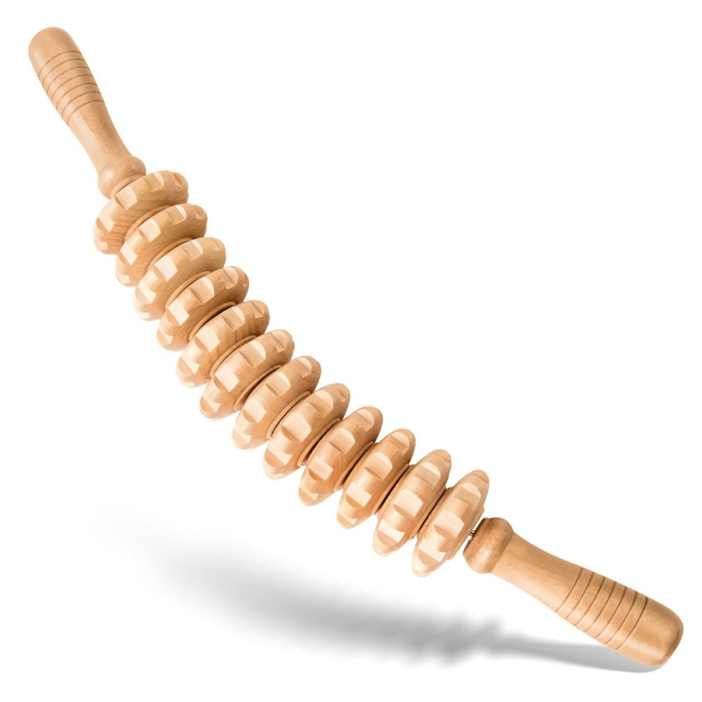Manual Wooden Massage Stick for Legs Cellulite Remover, Massage Tool, Fascia Blaster - Reduces Cellulite on Legs and Other Body Parts (12 Wheel/White)