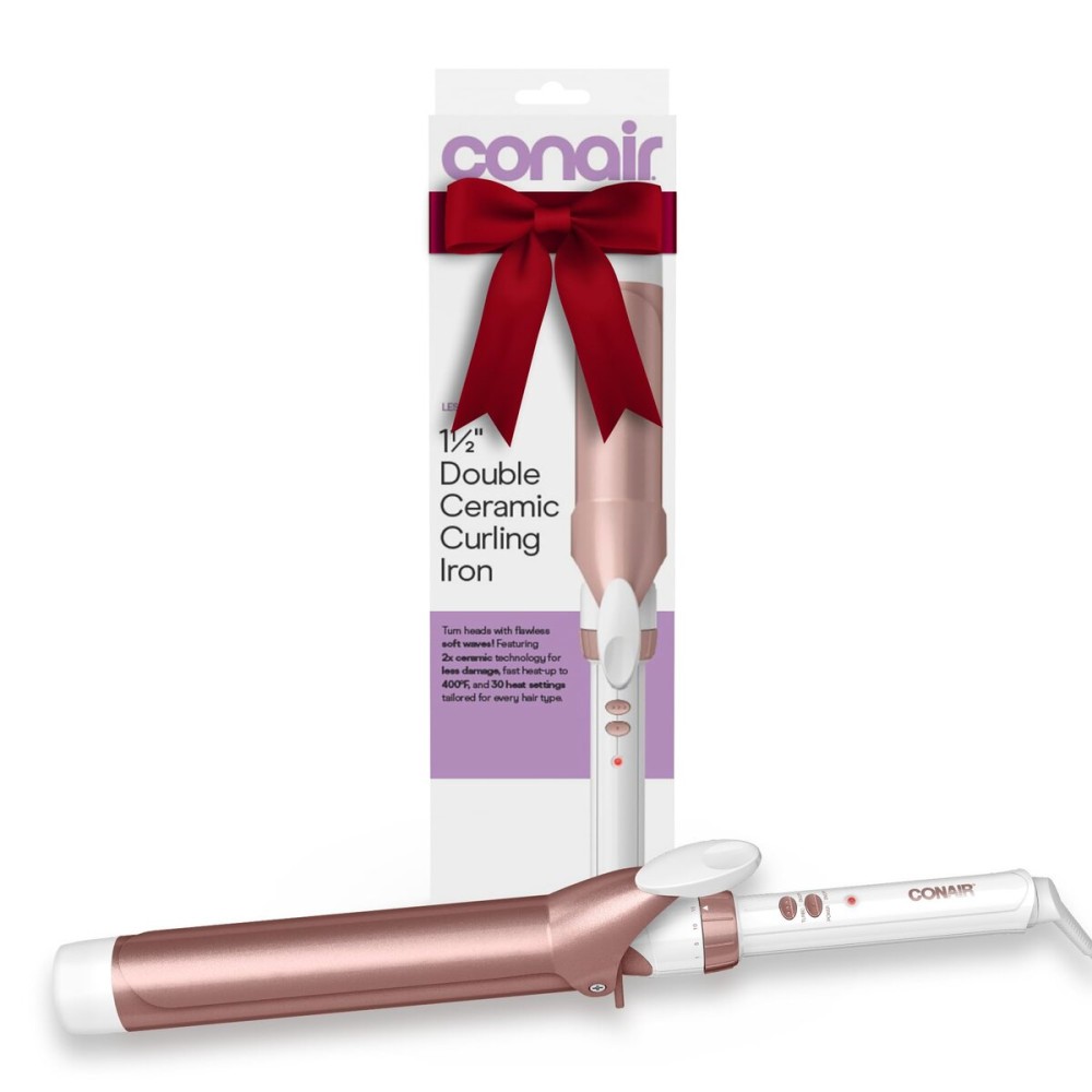 Conair Double Ceramic 1 -Inch Long Barrel Curling Iron, 1 -Inch Barrel Creates Soft Waves, Hair Waver for Use on Medium & Long Hair, White/Rose Gold