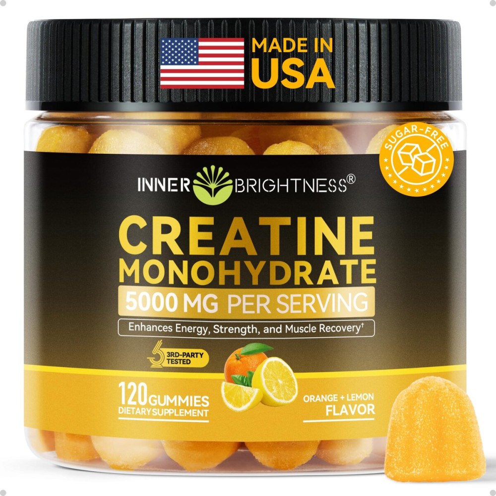 Inner Brightness Creatine Monohydrate Gummies for Men & Women 5000 mg, 3rd Party Tested, Creatine Chews for Muscle Growth, Strength & Energy Support, Sugar Free, Vegan, 120 Count, Orange Lemon