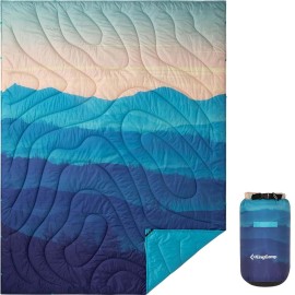 ingCamp Ultralight Camping Blanket, Packable Down Alternative Puffy Printed Wearable Blanket with Snap Buttons & Corner Loops Weatherproof Quilt for Outdoor Travel Stadium (78.7 x 57.1, Cyan/Orange)