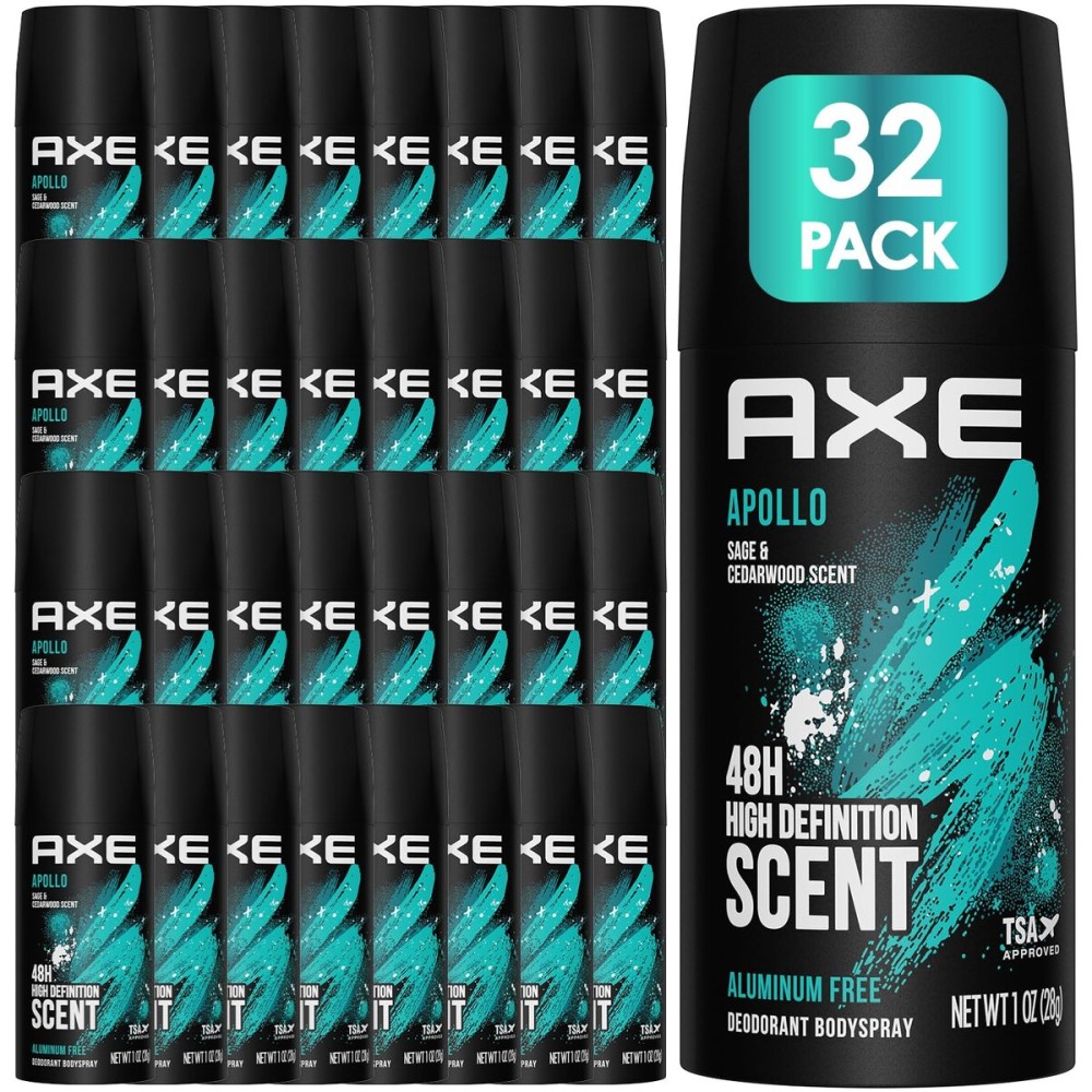 AXE Men Travel Deodorant, Aluminum-Free, Bodyspray, Apollo 32-Pack - 48H Anti-Sweat Protection, TSA-Approved Body Spray, 1 Oz Ea