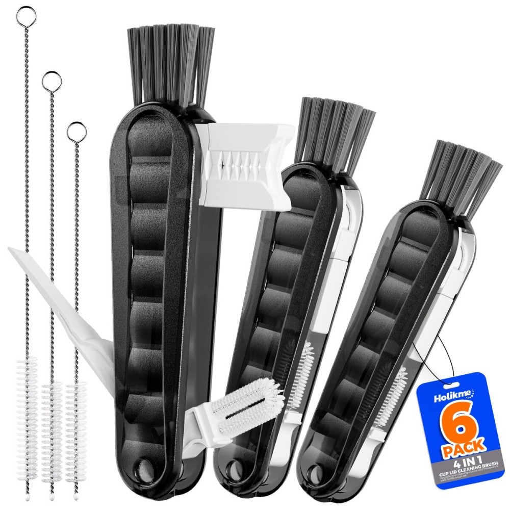 6 Pack Holikme 4 in 1 Cup Lid Cleaning Brush Set with 3 Straws, Multifunctional Bottle Brush, Silicone Cup Lid Gap Cleaner, Durable Bristle Crevice Cleaning Brush, Black