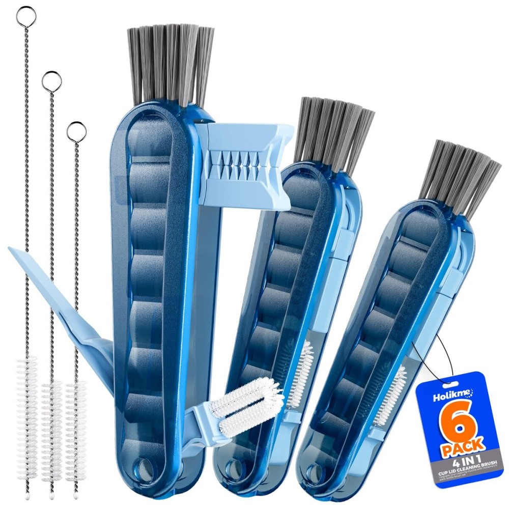 6 Pack Holikme 4 in 1 Cup Lid Cleaning Brush Set with 3 Straws, Multifunctional Bottle Brush, Silicone Cup Lid Gap Cleaner, Durable Bristle Crevice Cleaning Brush, Navy