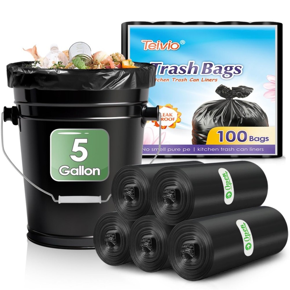 Teivio 5 Gallon 100 Counts Black Trash Bags Garbage Bags, Bathroom Trash Can Bin Liners, Small Plastic Bags for Home Office Kitchen Kitchen, Black