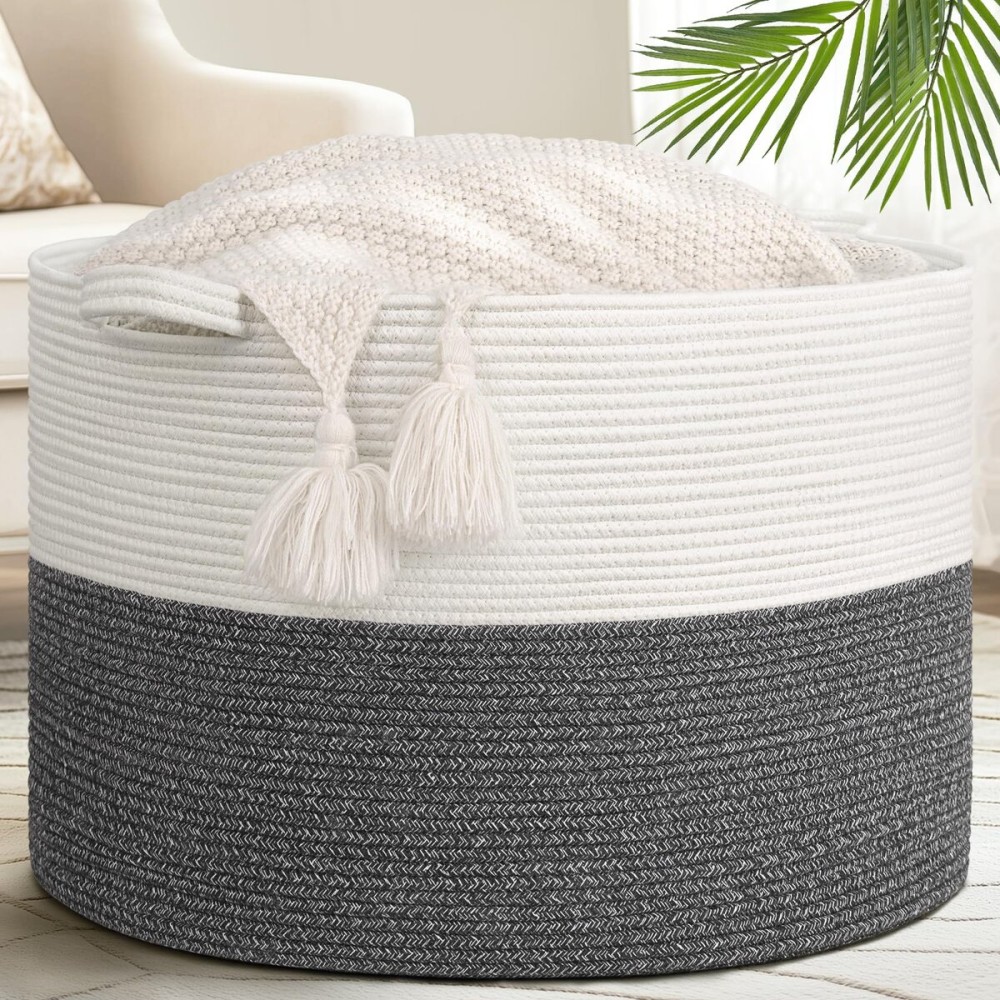 Goodpick 115L Extra Large Blanket Basket, Soft Cotton Rope Storage Basket for Organizing, Home Decor, Toys, Toy Storage Organizer for Living Room & Nursery, Grey
