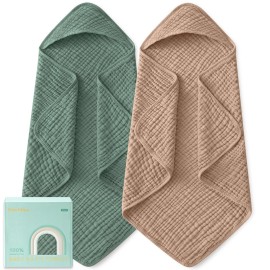 Yoofoss Hooded Baby Towels for Newborn 2 Pack 100% Muslin Organic Cotton Baby Bath Towel with Hood for Babies, Infant, Toddler and Kids, Large 32x32Inch, Soft and Absorbent Newborn Essential