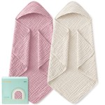 Yoofoss Hooded Baby Towels for Newborn 2 Pack 100% Muslin Organic Cotton Baby Bath Towel with Hood for Babies, Infant, Toddler and Kids, Large 32x32Inch, Soft and Absorbent Newborn Essential