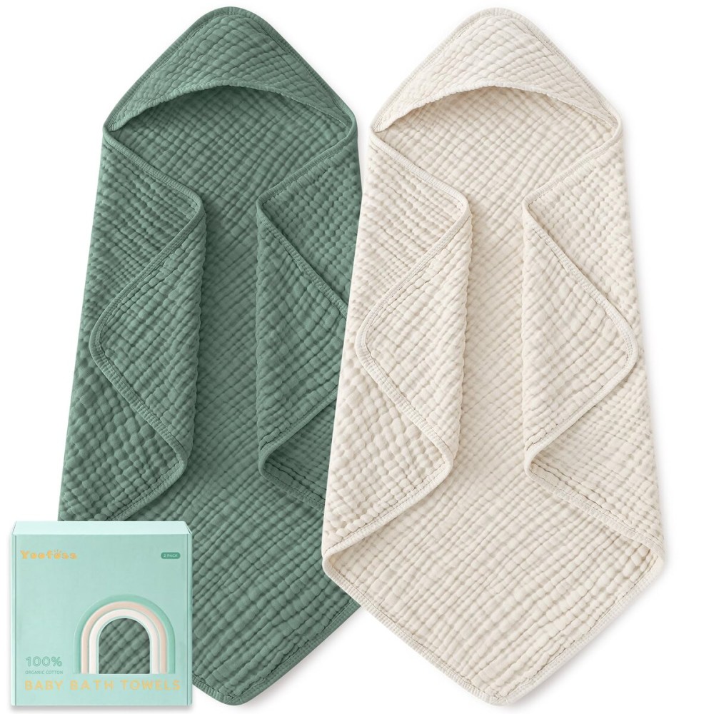 Yoofoss Hooded Baby Towels for Newborn 2 Pack 100% Muslin Organic Cotton Baby Bath Towel with Hood for Babies, Infant, Toddler and Kids, Large 32x32Inch, Soft and Absorbent Newborn Essential