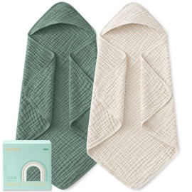 Yoofoss Hooded Baby Towels for Newborn 2 Pack 100% Muslin Organic Cotton Baby Bath Towel with Hood for Babies, Infant, Toddler and Kids, Large 32x32Inch, Soft and Absorbent Newborn Essential