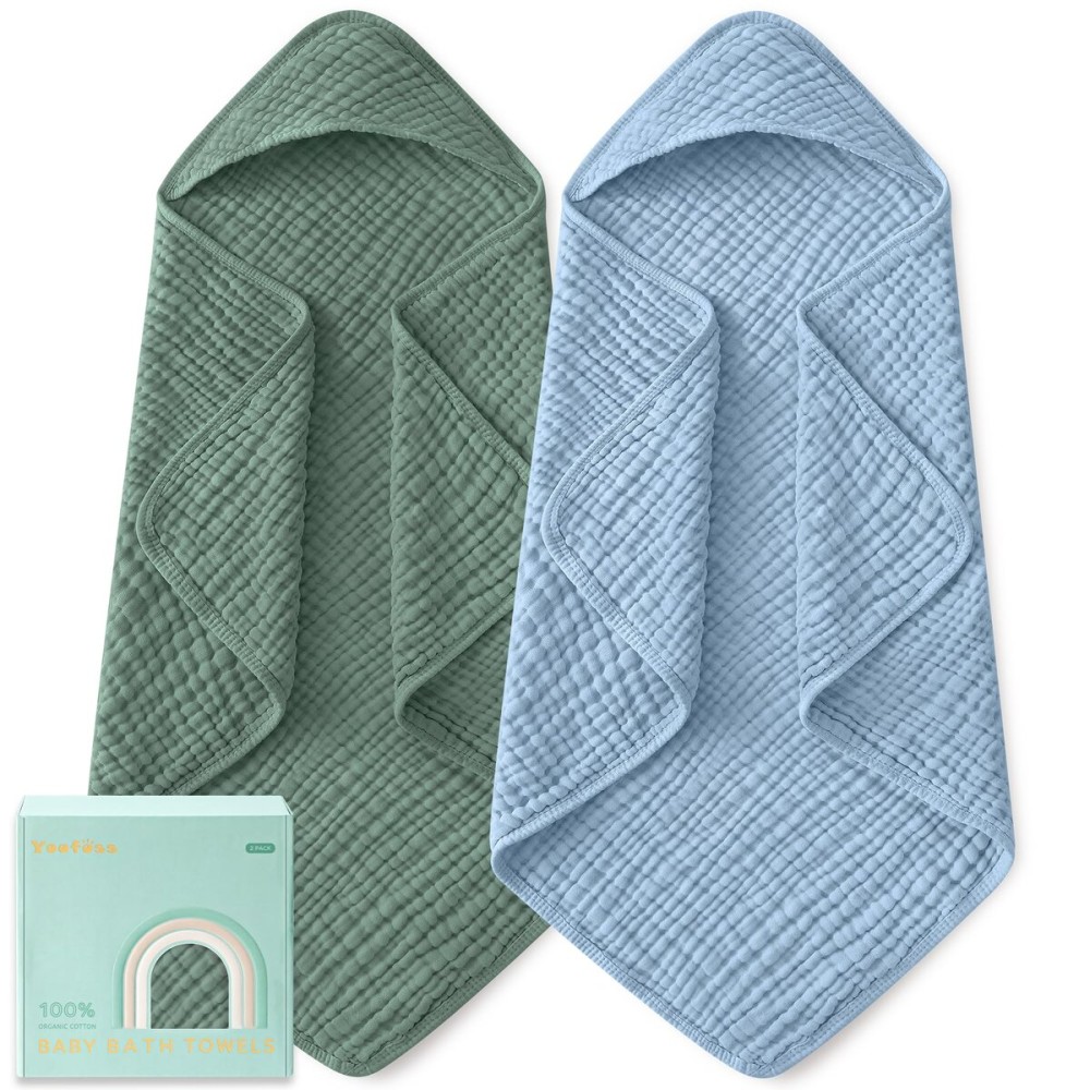 Yoofoss Hooded Baby Towels for Newborn 2 Pack 100% Muslin Organic Cotton Baby Bath Towel with Hood for Babies, Infant, Toddler and Kids, Large 32x32Inch, Soft and Absorbent Newborn Essential