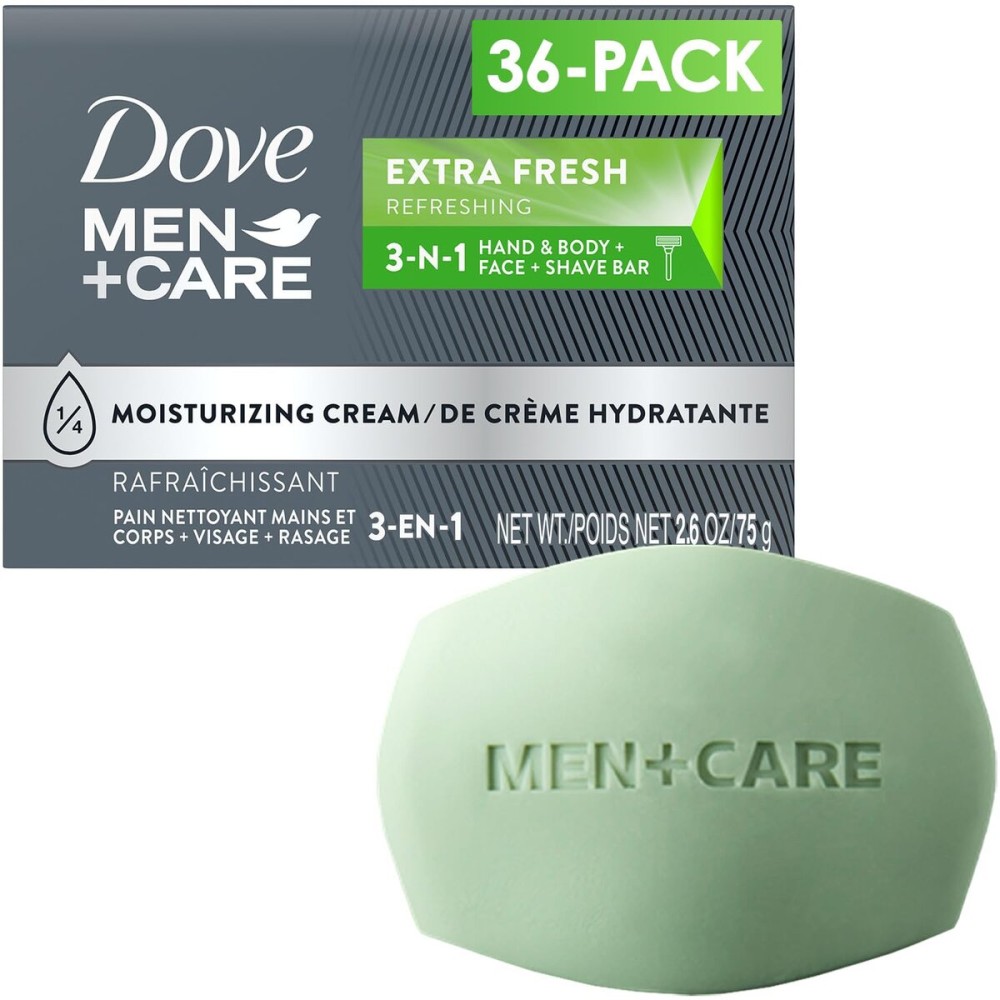 Dove Men+Care Soap Bar, Extra Fresh Scent 36-Pack - Hydrating 3-in-1 Body, Hand, and Face Cleanser for Men, 2.6 Oz Ea