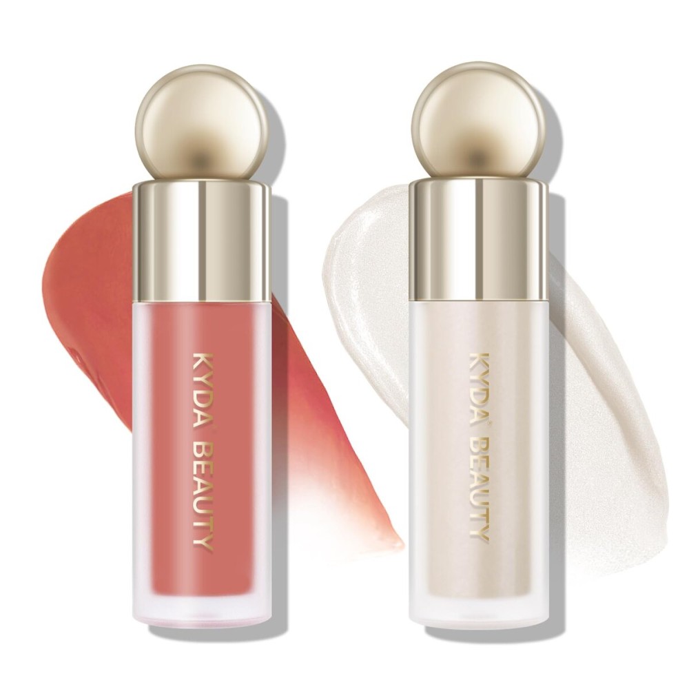 KYDA 2 Colors Liquid Blush and Highlighter, Dewy Glow Blush + High Glossy Liquid Illuminator, Buildable Glow Coverage, Lightweight Blendable, Terracotta + Champagne
