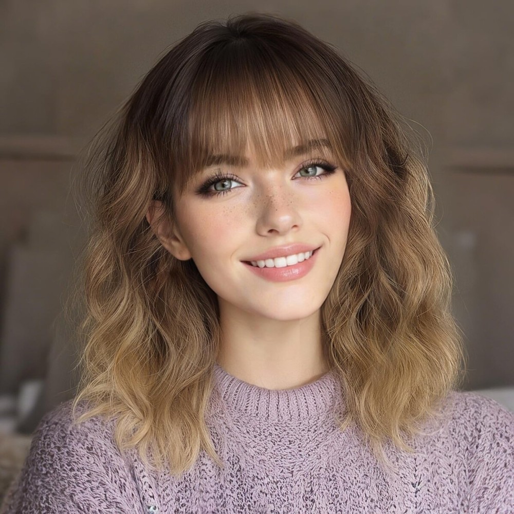 Nnzes Short Wavy Bob Wig with Bangs for Women Shoulder Length Curly Ombre Brown Blonde Synthetic Heat-Resistant Fiber Hair for Daily & Party Use