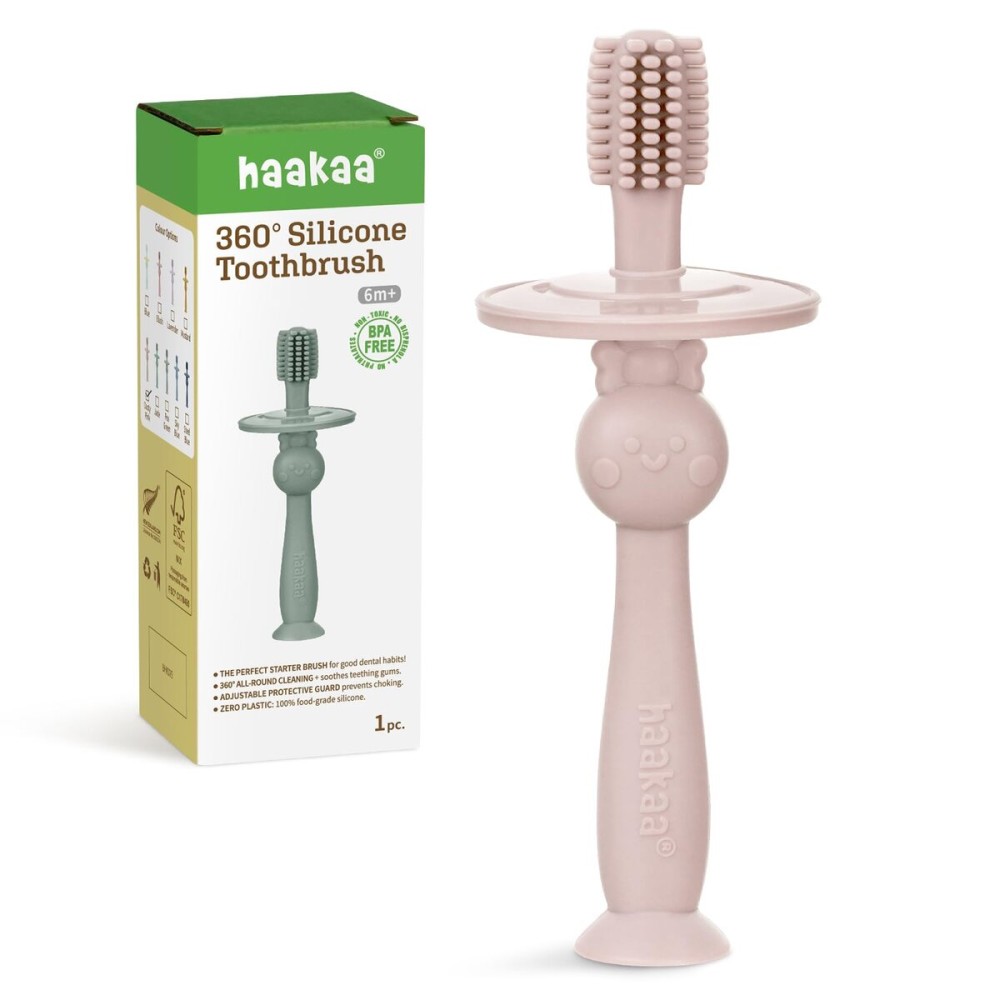 haakaa 360 Baby Toothbrush with Suction Base - Gentle Cleaning for Toddler\'s Self-Brushing Training, Food-Grade Silicone, Adjustable Safety Shield - Dusty Pink (1 Piece)