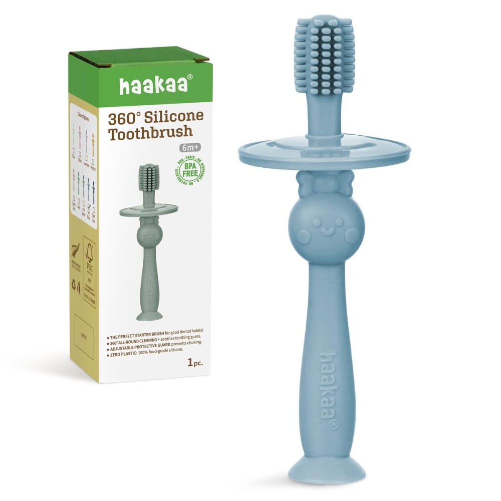 haakaa 360 Baby Toothbrush with Suction Base - Gentle Cleaning for Toddler\'s Self-Brushing Training, Food-Grade Silicone, Adjustable Safety Shield - Sky Blue (1 Piece)