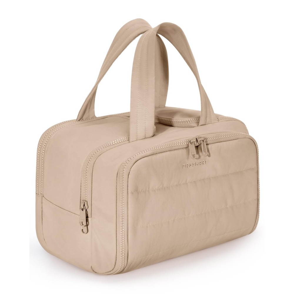 BAGSMART Travel Toiletry Bag, Puffy Toiletry Bag for Women, Wide-open toiletry bags for traveling, Large Travel Cosmetic Makeup Bag Organizer for Accessories,Toiletrie (Khaki)
