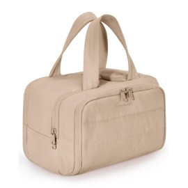 BAGSMART Travel Toiletry Bag, Puffy Toiletry Bag for Women, Wide-open toiletry bags for traveling, Large Travel Cosmetic Makeup Bag Organizer for Accessories,Toiletrie (Khaki)