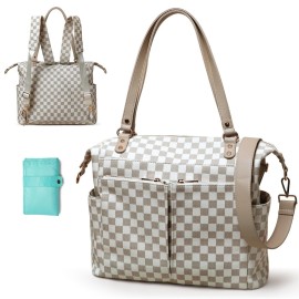 MOMINSIDE Checkered Diaper Bag Backpack Diaper Bag Tote with 14 Pockets, Plaid Tote Bag 4 in 1 Leather Checkered Bag for Boys Girls, Changing Pad, 4 Large Insulated Pockets(beige&honey)
