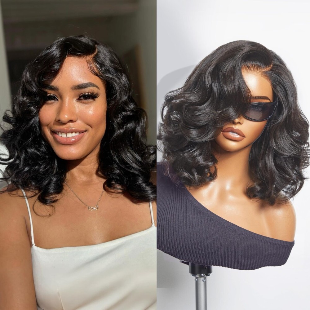 LUVME HAIR Loose Wave Bob Real 100% Human Hair Short Wigs Glueless Pre Cut Plucked Hd Lace Wig Ready To Go Natural Color Bleached Knots Side Part Black Wigs 12 Inches