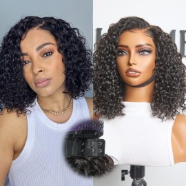 LUVME HAIR Curly Deep Wave Glueless Lace 100% Human Hair Short Wigs 14 Inches Pre Cut Plucked Hd Lace Wig Ready To Go Natural Color Bleached Knots Side Part Black Wigs 14 Inches