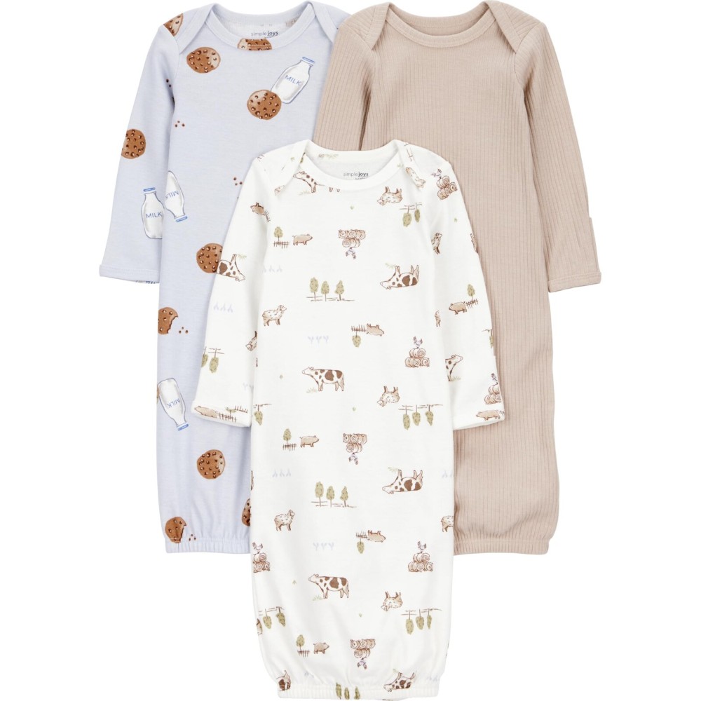 Simple Joys by Carter\'s Neutral 3-pack Neutral Cotton Sleeper Gown, Milk and Cookie, NB