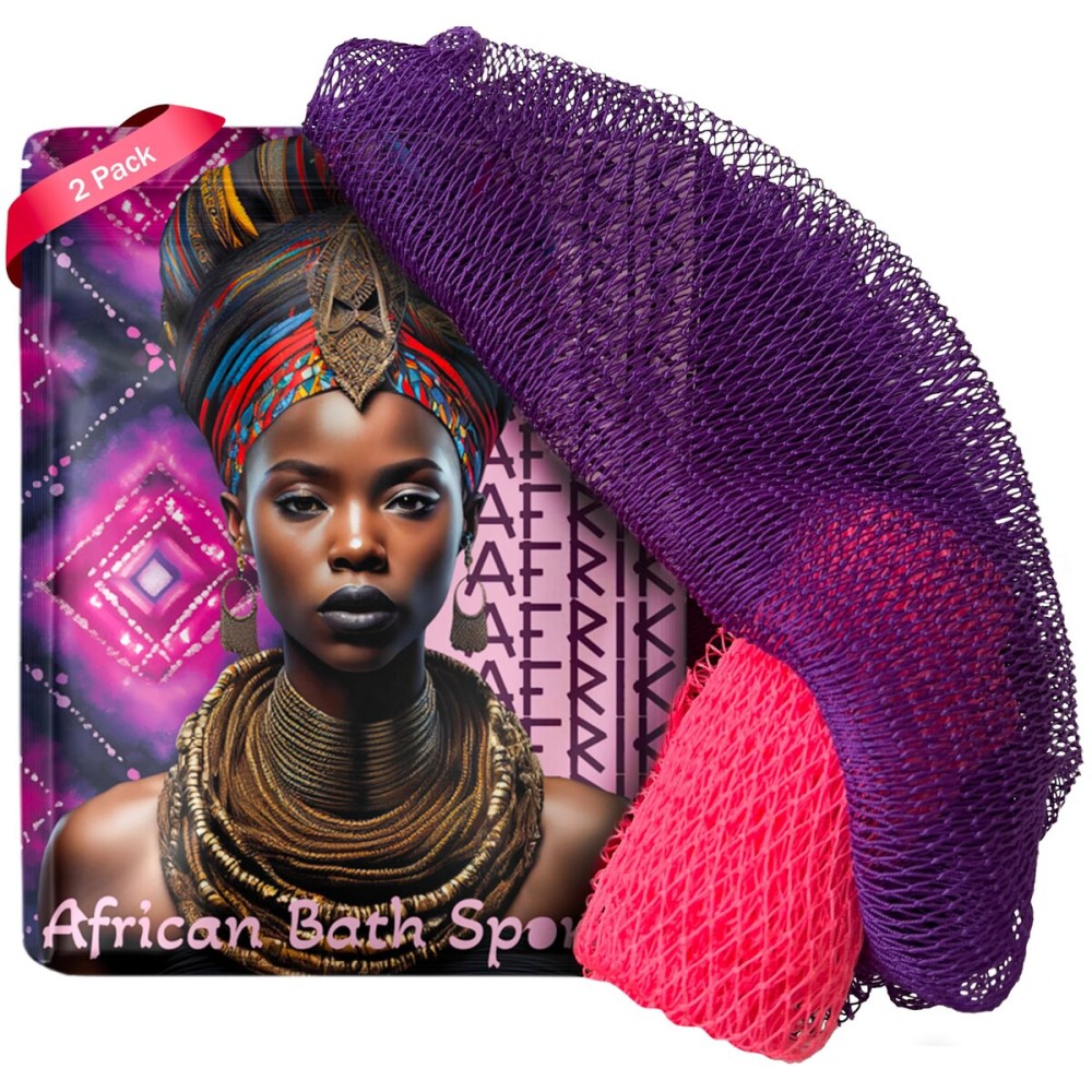 AFRIKI African Net Sponge - Exfoliating Body Scrubber, Black Owned & Rooted in Africa, All Skin Types | 45 in Long (Pink & Purple)