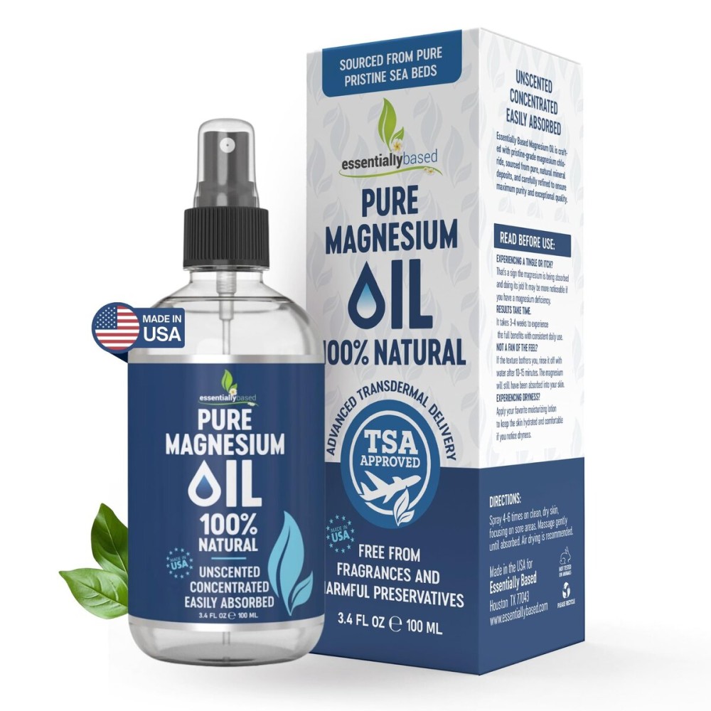 Pure Magnesium Oil Spray 3.4oz Travel Size - Topical Magnesium Spray for Sleep Extra Strength - Less Sting - Less Itch - 100% Natural and Organic Oil - TSA Approved - Made in USA