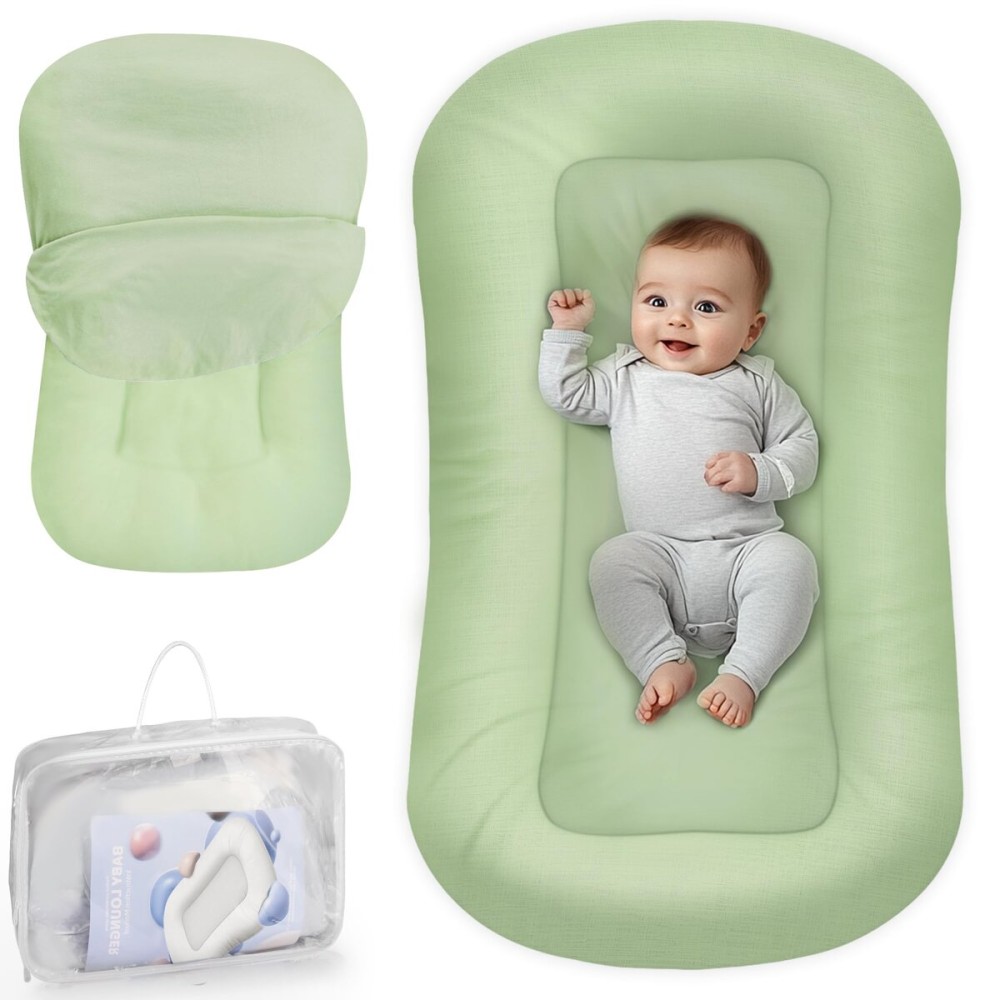 Baby Lounger - Baby Lounger for Newborn, 0-24 Months, Infant Lounger for Home and Travel, Soft Cotton, Baby Nest Lounger, Newborn Babies Essentials Gifts, Green (Lounger Cover Included)
